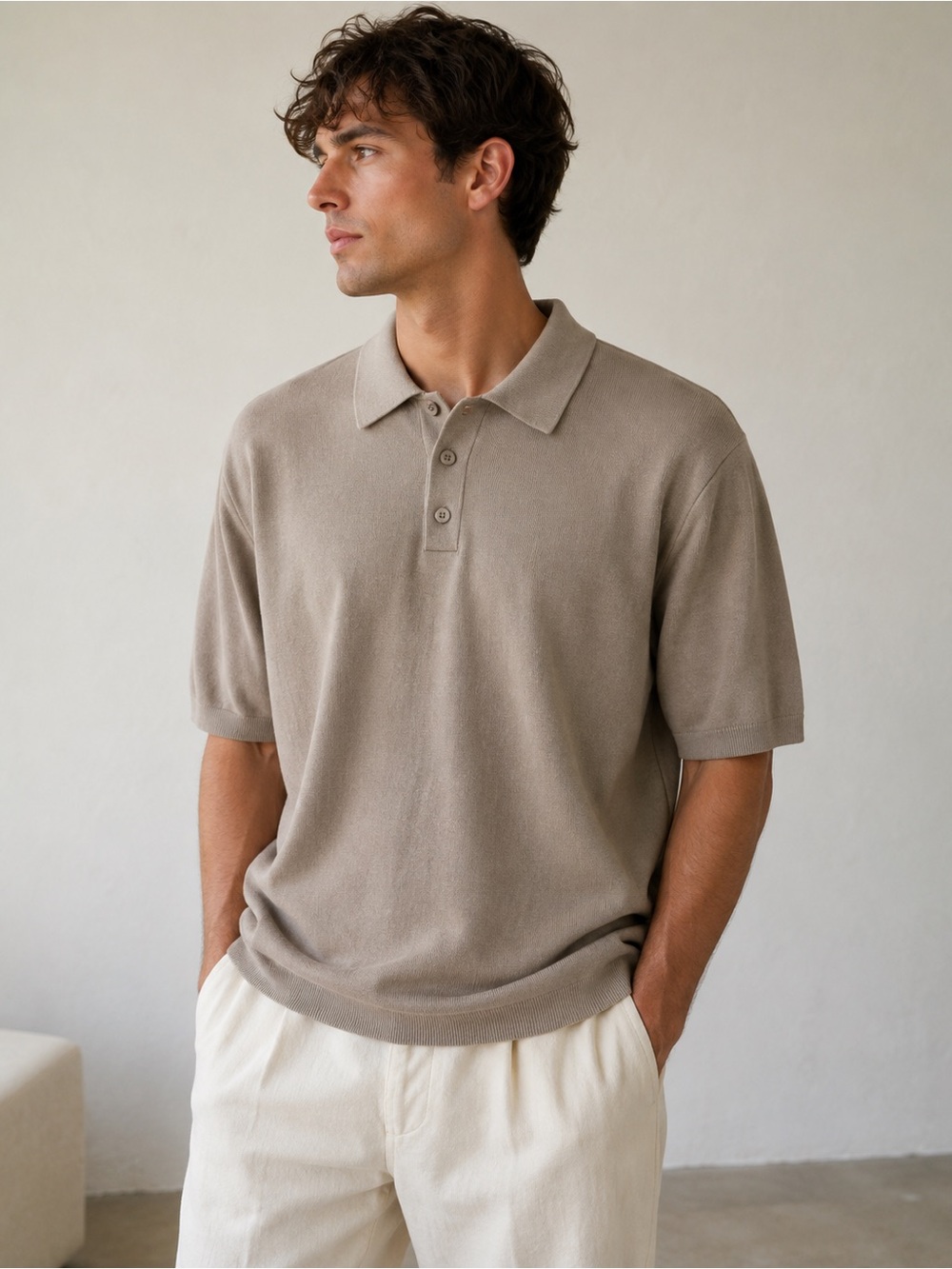Elie Tahari Fine Knit Polo Sweater NWT Men’s Medium Cement Beige
